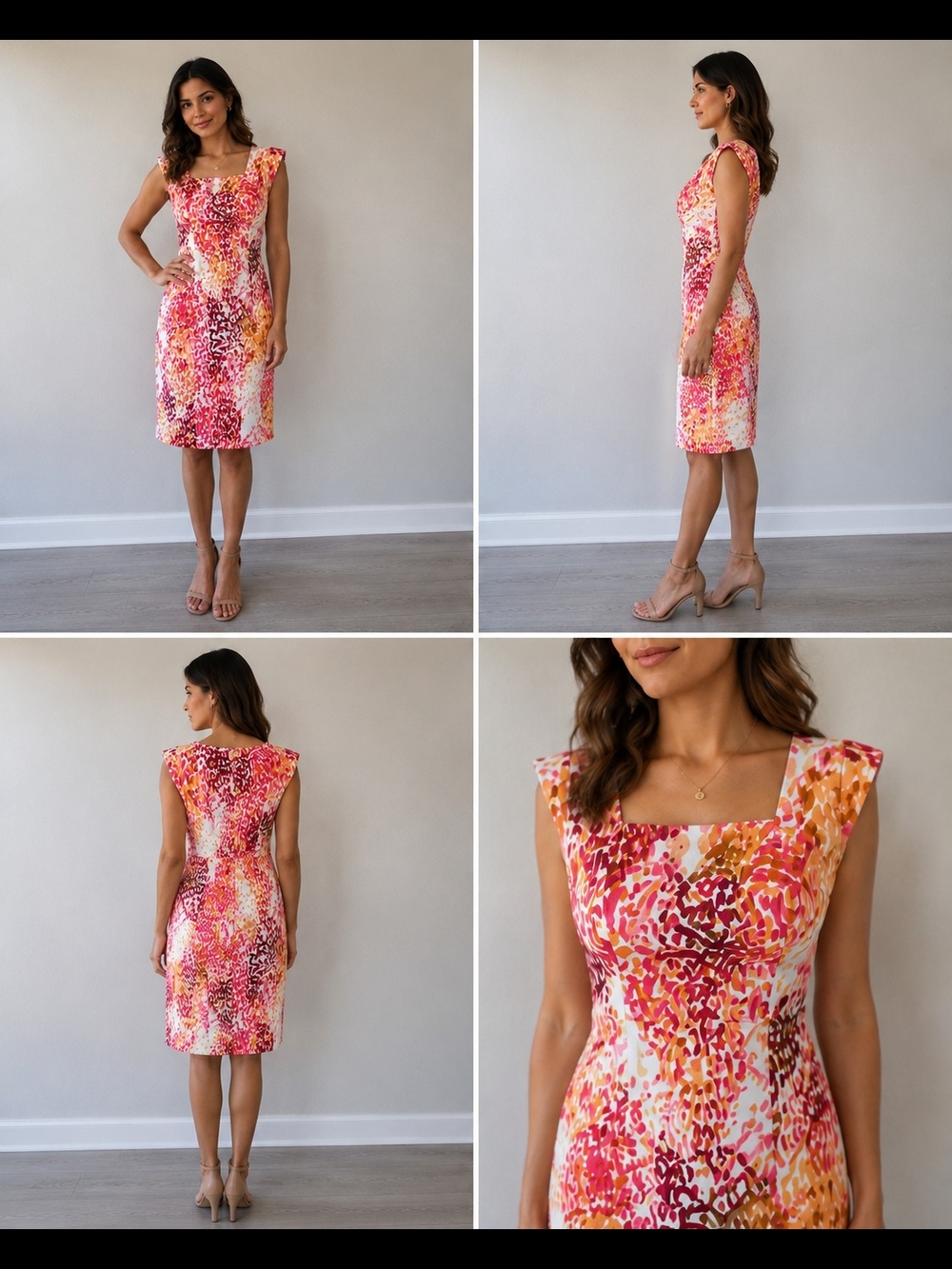 Calvin Klein Floral Sheath Dress Pink Orange White Square Neck Wedding Guest